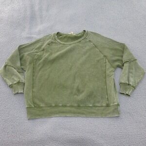 Farmers Market Sweatshirt Top Womens Waffle Knit Green Cotton Pullover Medium